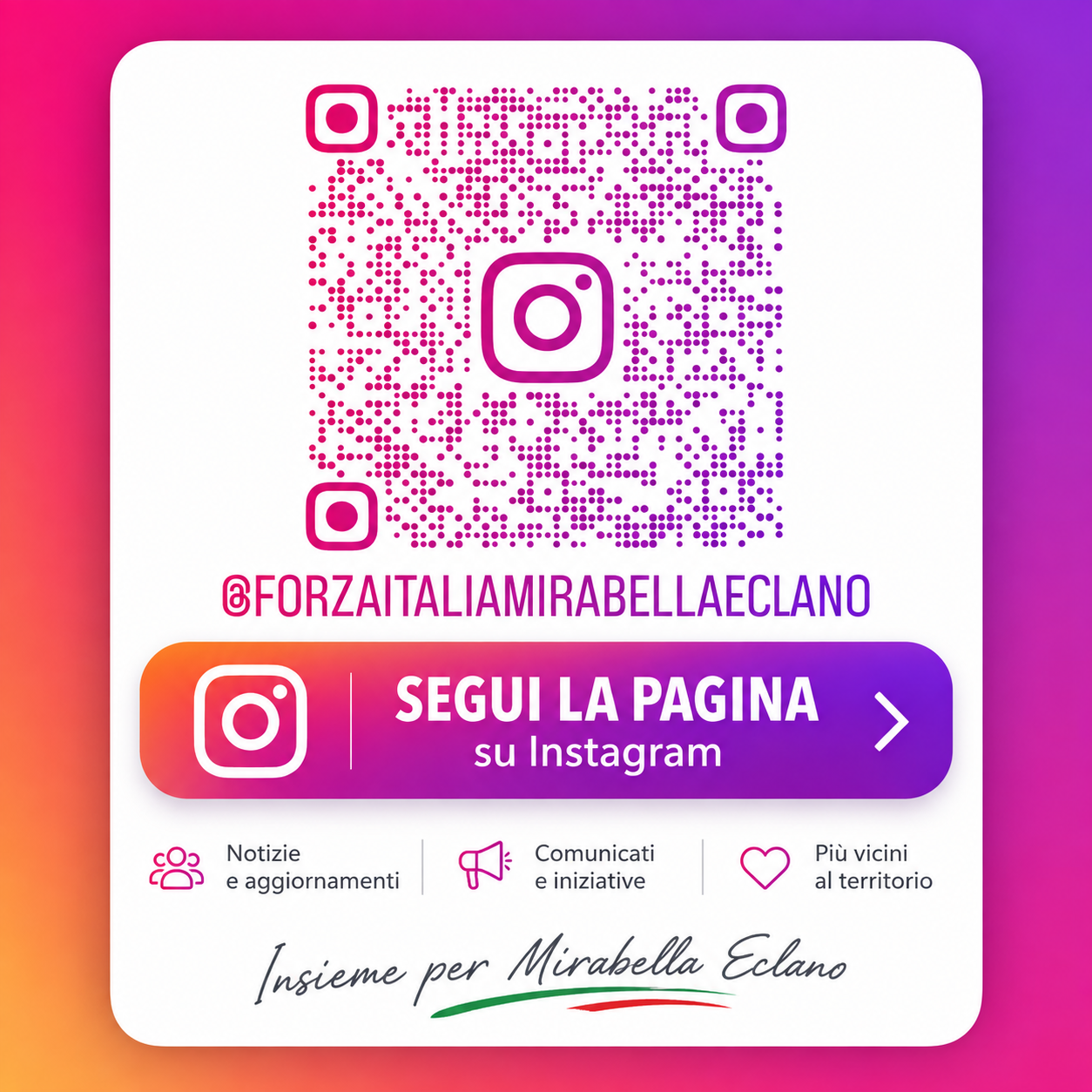 Invito a seguire @forzaitaliamirabellaeclano su Instagram, con il codice da inquadrare.